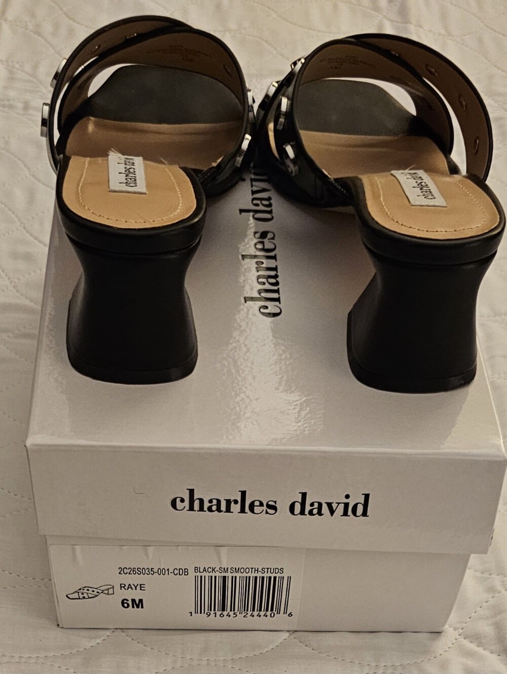 Charles David Black Studded Cross-Strap Block Heel Mules - Picture 3 of 7